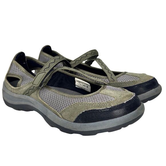 Lands' End Mary Jane Shoe Womens 8D Wide Green Gray Mesh Trekker Leather Hiking - Picture 1 of 12
